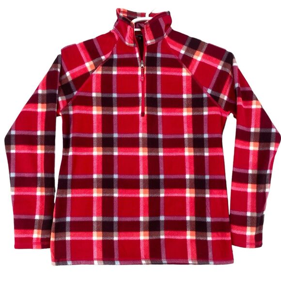 Eddie Bauer Womens S‎ Berry Plaid Fleece Mock Neck 1/4 Zip Pullover Pink Red - Picture 1 of 13